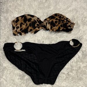 Victoria's Secret Black Patterned Bikini Bottom and leopard top 36c